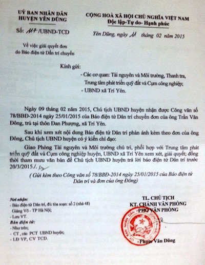 Huyện Yên Dũng chỉ đạo làm rõ vụ cưỡng chế dự án đường 293 - 1 Văn bản chỉ đạo của UBND huyện Yên Dũng gửi các đơn vị chức năng.