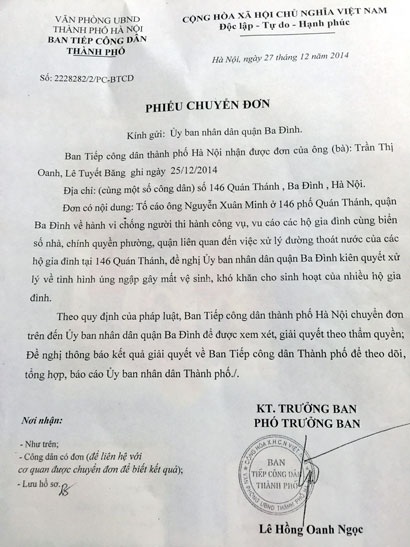Bài 2: Cụm dân cư vật lộn trong ô nhiễm mỏi mòn chờ “giải cứu” - 5 Văn bản TP. Hà Nội gửi UBND quận Ba Đình đề nghị giải quyết quyền lợi của công dân.