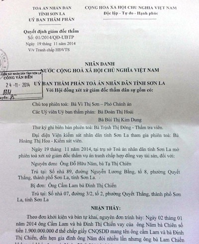 Hủy quyết định công nhận thỏa thuận trái luật của Phó chánh án Tòa án TP. Sơn La - 4 Quyết định áp dụng biện pháp khẩn cấp tạm thời của Tòa án TP. Sơn La