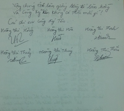 Thanh tra làm rõ vi phạm của cán bộ trong vụ mất nhà thờ họ ở Đông Anh - 4 Chị em nhà bà Hồng ký cam kết trả lại phần nhà thờ cho dòng họ Hoàng làm nơi thờ tự.