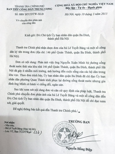 Bài 4: Thanh tra Chính phủ chỉ đạo “giải cứu” cụm dân cư ngập trong ô nhiễm, xú uế - 2 Văn bản chỉ đạo của Thanh tra Chính phủ gửi Chủ tịch UBND quận Ba Đình