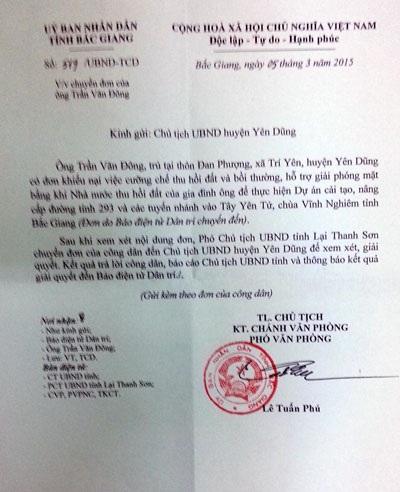 Tỉnh Bắc Giang chỉ đạo giải quyết khiếu nại vụ cưỡng chế dự án đường 293 - 1 Văn bản chỉ đạo của UBND tỉnh Bắc Giang