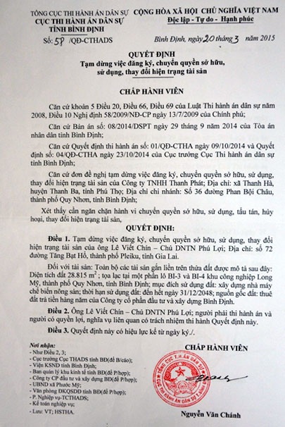 Tài sản thi hành án có dấu hiệu bị tẩu tán, nguyên đơn gánh nợ hàng chục tỷ đồng - 3 Quyết định tạm đình chỉ việc đăng ký, chuyển quyền sử dụng tài sản của Cục THADS tỉnh Bình Định