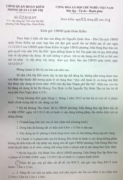 Phường Trần Hưng Đạo chậm giải quyết tố cáo, công trình vi phạm ngang nhiên tồn tại - 2 Từ tháng 12/2013, Phòng Quản lý Đô thị quận Hoàn Kiếm đã có đề xuất phương án xử lý vi phạm TTXD