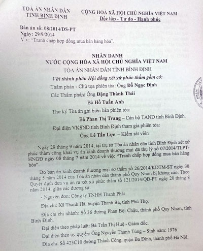 Tài sản thi hành án có dấu hiệu bị tẩu tán, nguyên đơn gánh nợ hàng chục tỷ đồng - 1 Bản án phúc thẩm đã có hiệu lực pháp luật của Tòa án tỉnh Bình Định