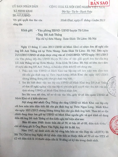 Công dân nộp đơn khiếu nại 16 tháng, UBND quận Bắc Từ Liêm vẫn “im lặng” - 2 Văn bản số 160/UBND thông báo kết quả giải quyết khiếu nại của Chủ tịch UBND xã Minh Khai