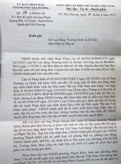 Hải Dương: Cần làm rõ vụ chậm truy tặng danh hiệu “Bà mẹ Việt Nam Anh hùng” - 1 Ông Phạm Quang Đối cho rằng câu trả lời của TP. Hải Dương chưa phản ánh đúng bản chất sự việc