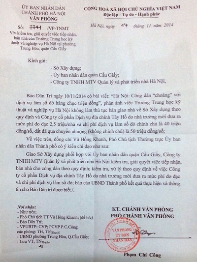 TP Hà Nội chỉ đạo khẩn trương giải quyết, 88 hộ dân vẫn mỏi mòn chờ…sổ đỏ - 1 Văn bản chỉ đạo kiểm tra và giải quyết vụ việc của UBND TP. Hà Nội