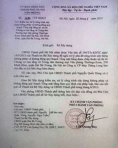 Lên phương án dỡ bỏ công trình “xâm lấn” đất cây xanh chung cư Thăng Long Garden - 3 Công văn chỉ đạo của UBND TP, Hà Nội yêu cầu xử lý trong tháng 6/2015
