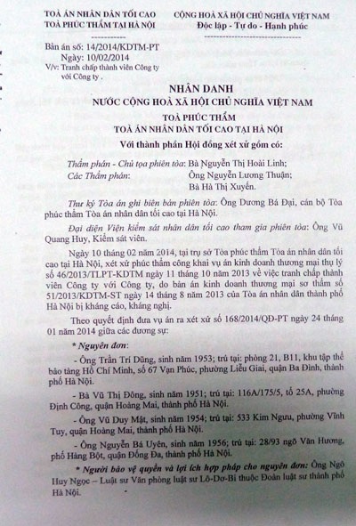 Công ty Cổ phần công trình Giao thông 1 thay thế hội đồng quản trị bầu trái pháp luật - 4 Bản án phúc thẩm của Tòa án nhân dân Tối cao tại Hà Nội