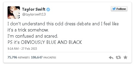 Taylor Swift cũng phải tham gia cuộc tranh luận về màu của chiếc váy nổi tiếng.