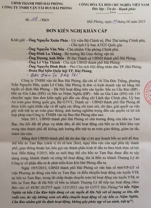 Lùm xum vụ di dời bến xe Tam Bạc, doanh nghiệp vận tải kiến nghị khẩn cấp - 1 Đơn kiến nghị khẩn cấp của doanh nghiệp vận tải Bus Hải Phòng gửi báo Dân trí.