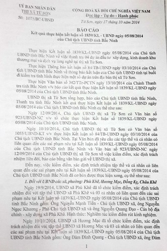 Bài 6: TX Từ Sơn kỷ luật hàng loạt lãnh đạo phường, xã vụ dự án tiền tỷ sai phạm - 2 Báo cáo về việc xác định, xử lý cán bộ liên quan của UBND TX Từ Sơn gửi UBND tỉnh Bắc Ninh.
