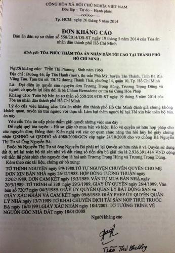 Hành trình đi tìm công lý vụ án 175 Nam Kỳ Khởi Nghĩa - 3 Đơn kháng cáo bản án sơ thẩm số
558/2014/DS-ST của bà Trần Thị Phương.