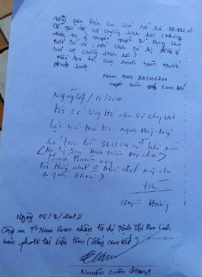 Cam kết giữ dùm đất của bà Hương.