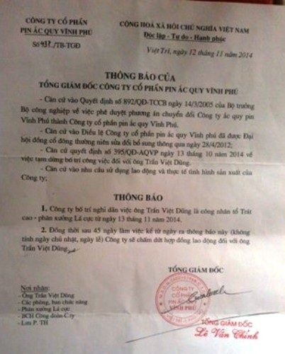 Lãnh đạo công ty CP Pin Ắc quy Vĩnh Phú bị tố trù dập cán bộ công nhân viên - 3 Lãnh đạo công ty CP Pin Ắc quy Vĩnh Phú bị tố trù dập cán bộ công nhân viên