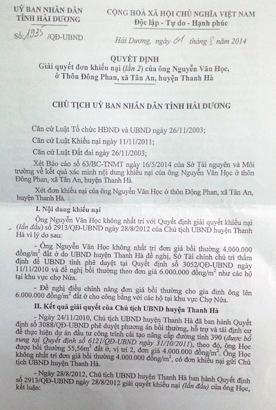  Kết luận của UBND tỉnh Hải Dương trả lời khiếu nại của công dân.