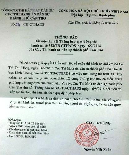 Thu hồi thông báo tạm dừng thi hành án của Cục trưởng Cục thi hành án TP Cần Thơ - 1 Thu hồi thông báo tạm dừng thi hành án của Cục trưởng Cục thi hành án TP Cần Thơ.