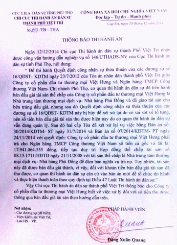 Thông báo thi hành án mới nhất mà Chi cục THA TP Việt Trì ban hành với Công ty Việt Hưng.