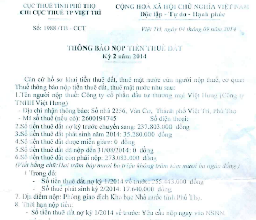 Bài 28: Sau án phúc thẩm, Chi cục thi hành án Việt Trì ra thông báo "chữa cháy" lạ thường - 3 Công ty Việt Hưng vẫn nhận được thông báo nộp thuế đất từ Chi cục thuế TP Việt Trì.