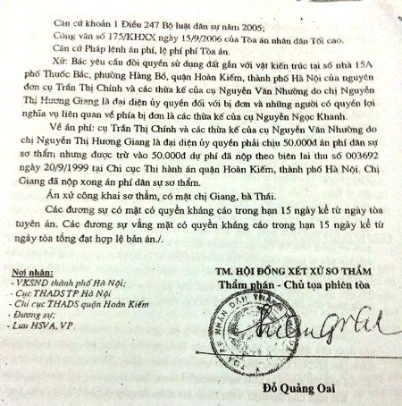 Vụ kiện đòi nhà tại 15A phố Thuốc Bắc: Công dân khiếu nại bản án của TAND TP Hà Nội - 5 UBND TP Hà Nội và TAND TP Hà Nội xác định rõ nguồn gốc nhà đất số 15 Thuốc Bắc.