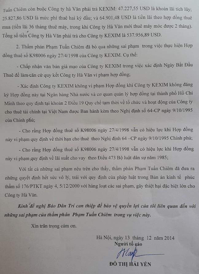 Hưng Yên: Lùm xum vụ cho thuê tài chính hơn 10 năm vẫn chưa thi hành án xong - 2 Đơn kêu cứu của Công ty Hà Văn gửi báo Dân trí đề nghị làm sáng tỏ sự việc.