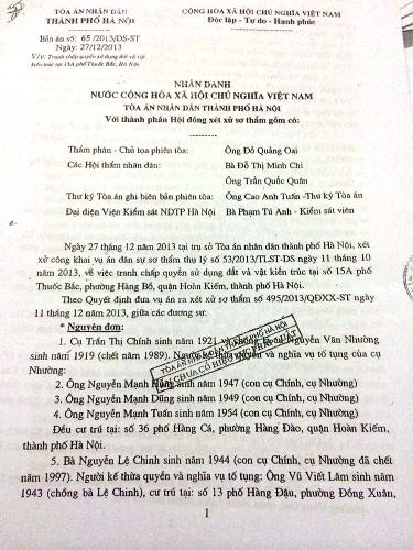 Vụ kiện đòi nhà tại 15A phố Thuốc Bắc: Công dân khiếu nại bản án của TAND TP Hà Nội - 4 UBND TP Hà Nội và TAND TP Hà Nội xác định rõ nguồn gốc nhà đất số 15 Thuốc Bắc.
