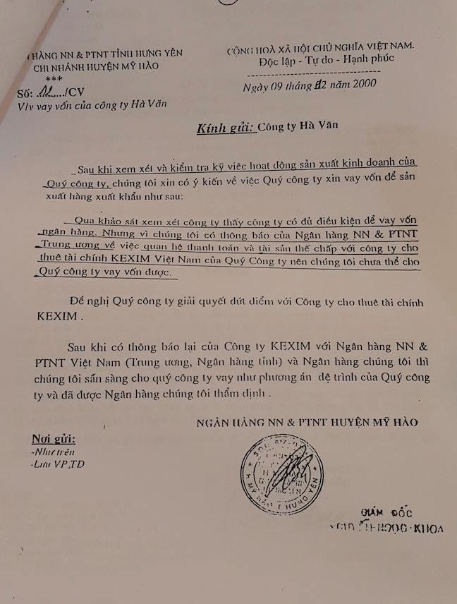 Hưng Yên: Lùm xum vụ cho thuê tài chính hơn 10 năm vẫn chưa thi hành án xong - 6 Thông báo của ngân hàng về việc không cho công ty Hà Văn vay vốn.