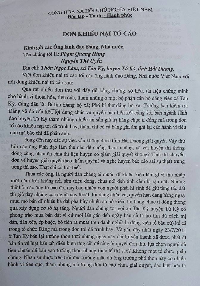 Hải Dương: Người dân xã Tân Kỳ bức xúc khi sống chung với bãi rác - 3 Đơn khiếu nại của công dân xã Tân kỳ về những bức xúc của cán bộ, đảng viên trong xã.