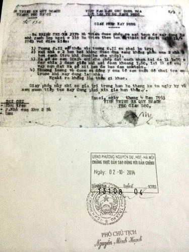 Bài 4: Thanh tra quận Hai Bà Trưng vào cuộc vụ dân khiếu nại bị quận "ngăn" cấp sổ đỏ - 1 Giấy phép xây dựng cấp cho bà Triệu Thị Xe năm 1963 với ngôi nhà 119 Bà Triệu.
