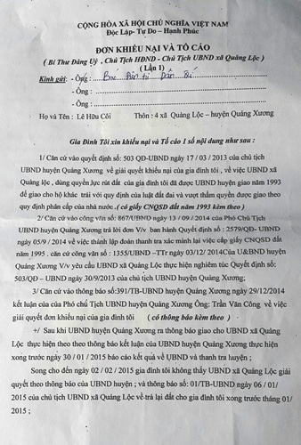 Thanh Hóa: Huyện chỉ đạo, lãnh đạo xã vẫn cố ý “chây ỳ” không giao đất cho công dân? - 1 Đơn khiếu nại và tố cáo của gia đình ông Lê Hữu Côi gửi báo Dân trí.