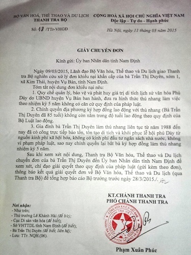 Thanh tra Bộ Văn hóa đề nghị UBND tỉnh Nam Định xem xét khiếu nại quy chế quản lý phủ Dầy - 2 Thanh tra Bộ Văn hóa đề nghị UBND tỉnh Nam Định xem xét khiếu nại quy chế quản lý phủ Dầy.