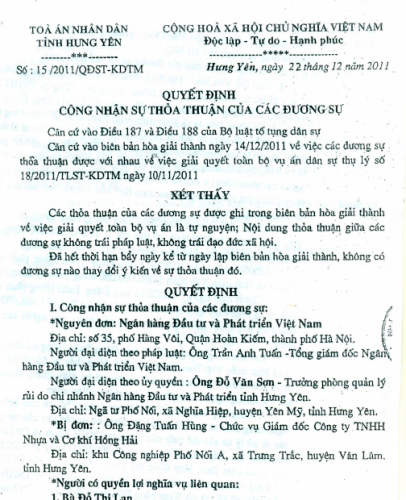 Công ty vay vốn, TAND tỉnh Hưng Yên tuyên bản án buộc cá nhân trả nợ? - 3 TAND tỉnh Hưng Yên lại ra Quyết định bị đơn là cá nhân ông Đặng Tuấn Hùng - Giám đốc