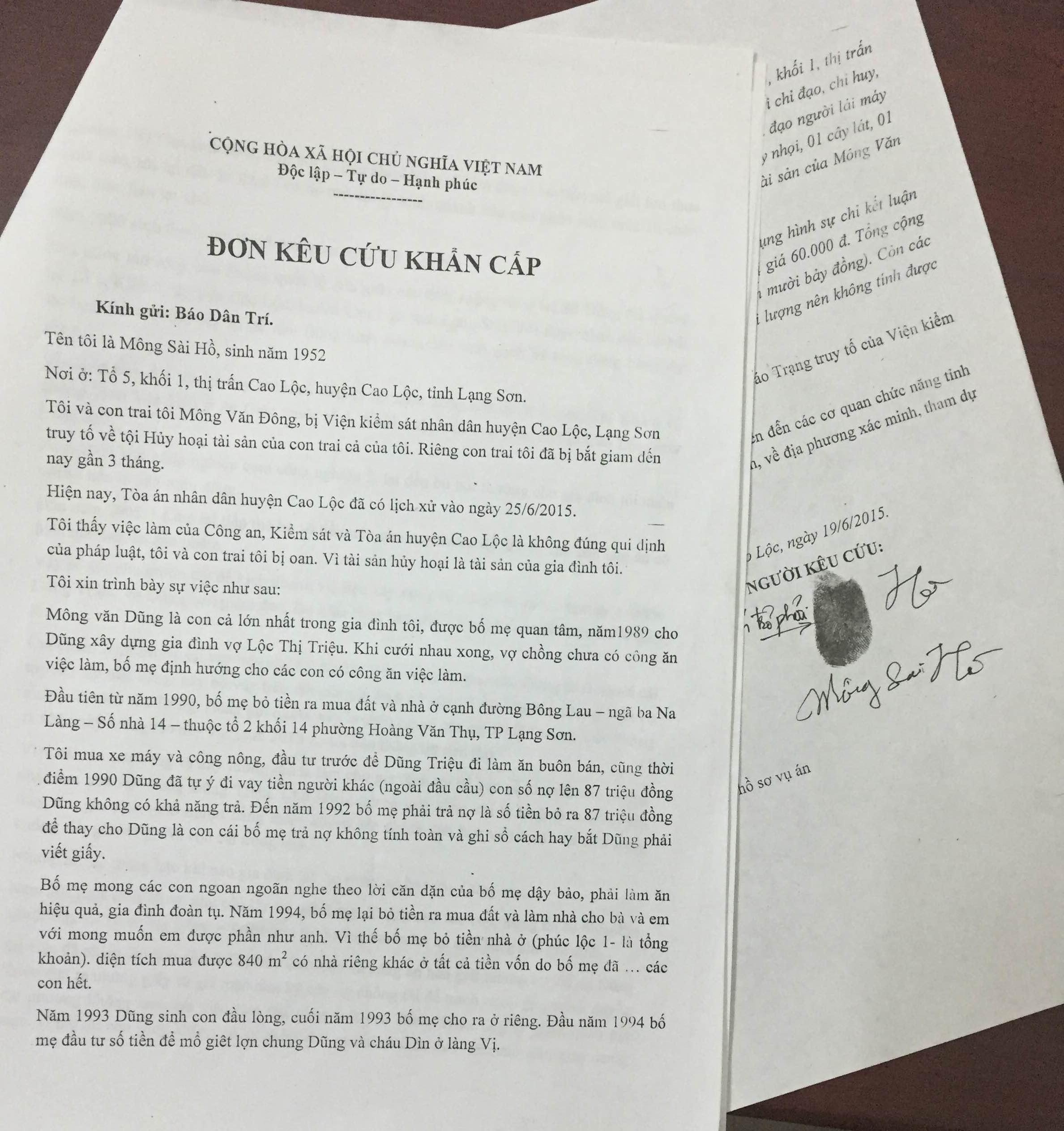 Đơn kêu cứu khẩn cấp gửi báo Dân trí của ông Mông Sài Hồ.