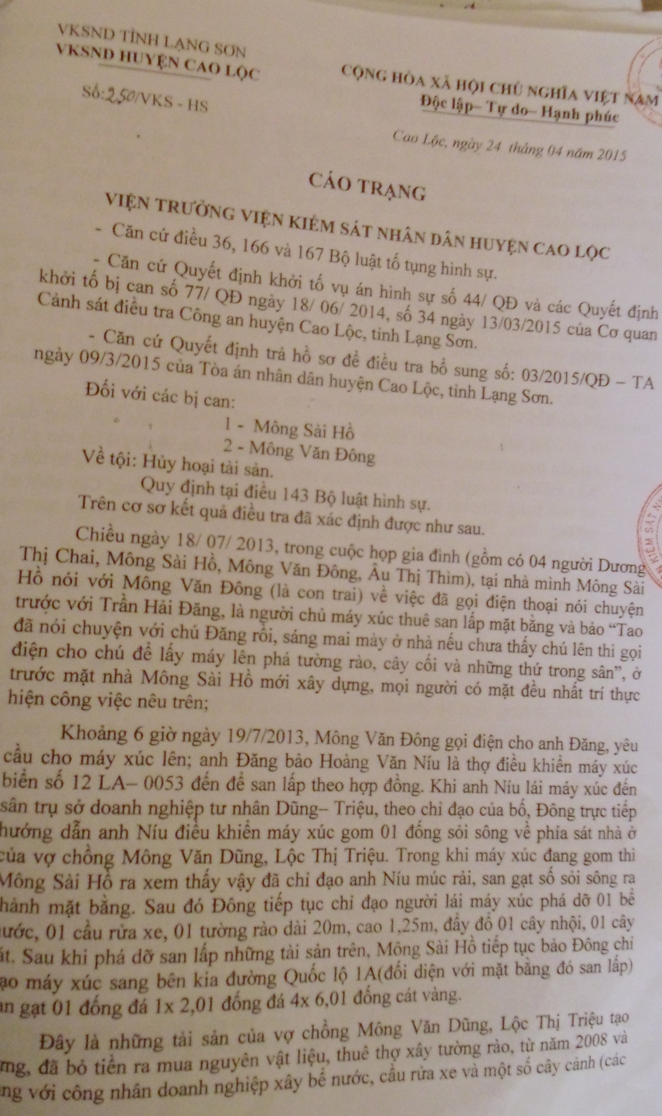Cáo trạng truy tố 2 bộ con bị can Mông Sài Hồ của VKSND huyện Cao Lộc.