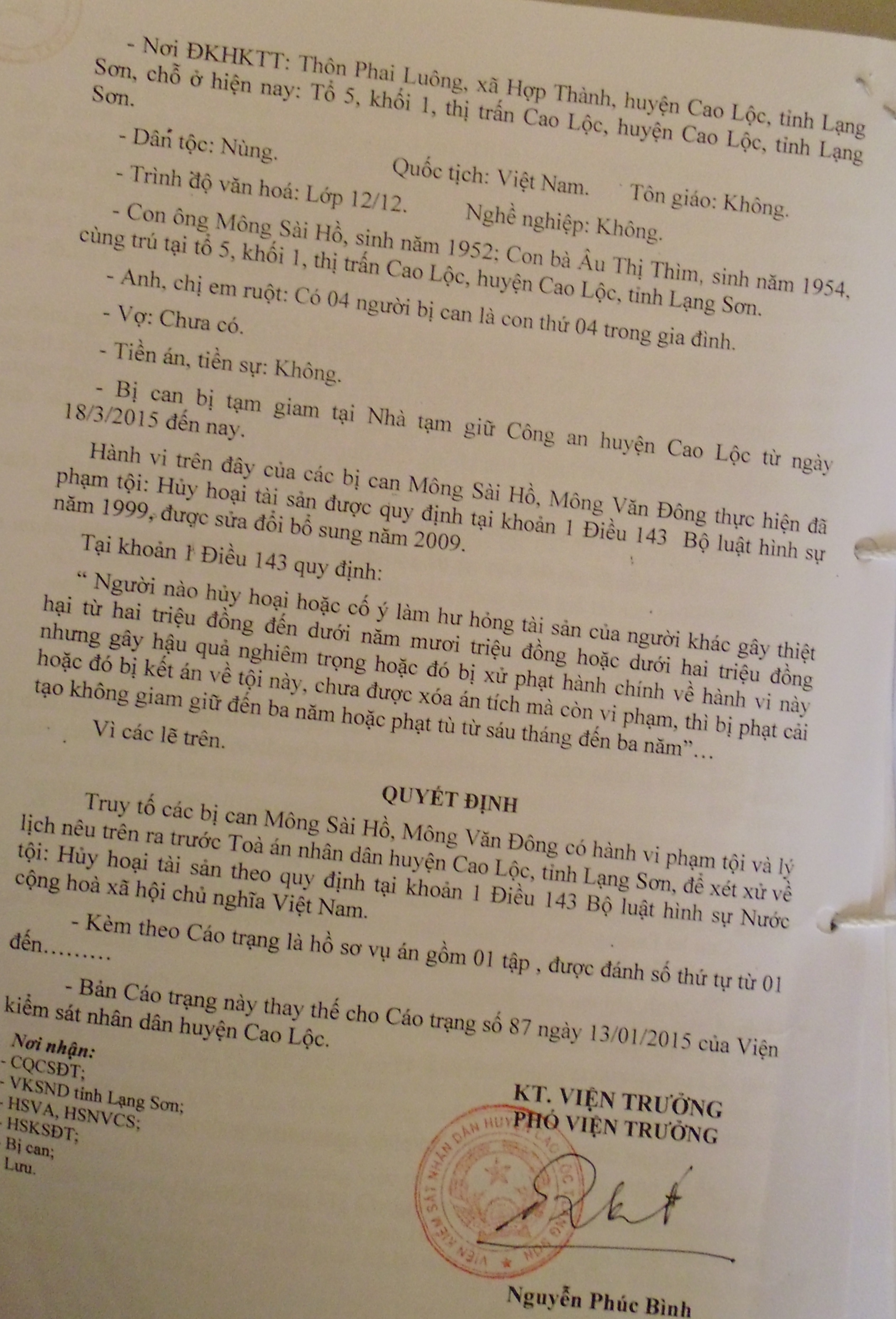 Cáo trạng truy tố 2 bộ con bị can Mông Sài Hồ của VKSND huyện Cao Lộc.