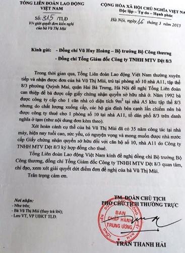 Sở Xây dựng TP Hà Nội đề nghị Bộ Công thương xem xét giải quyết đơn thư công dân - 1 Tổng Liên đoàn Lao động Việt Nam và