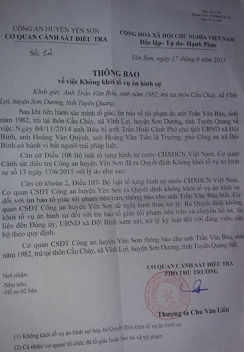 Tuyên Quang: Bắt dân vì xua đuổi tàu hút cát sông Lô, lãnh đạo xã thoát khởi tố - 4 Anh Trần Văn Báu tả lại việc bị bắt giữ vô cớ tại hiện trường sự việc.