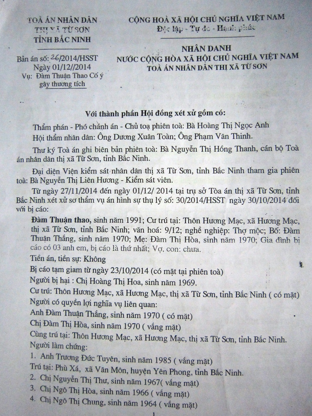 Gia đình và bị cáo Thao kêu oan khi bị TAND TX Từ Sơn tuyên phạt bị cáo Thao 30 tháng tù.