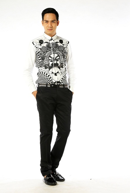 NTK Hải Long - Thế Huy lại lấy ý tưởng từ mặt nạ tuồng kết hợp với hiệu ứng op - art.