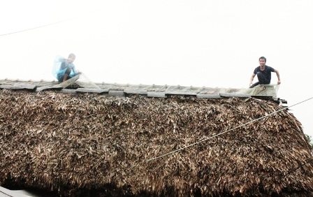 Người dân huyện Tĩnh Gia chằng chống nhà cửa để đối phó với cơn bão số 8.