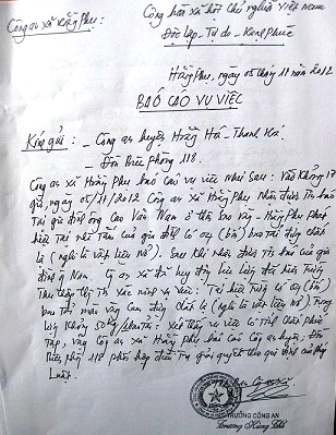 Báo cáo của Công an xã Hoằng Phụ về vụ việc.