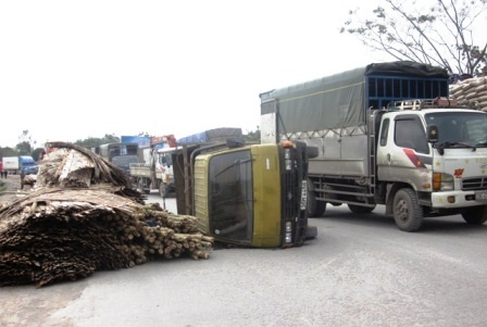 Chiếc xe tải chở luồng lật ngang đường.