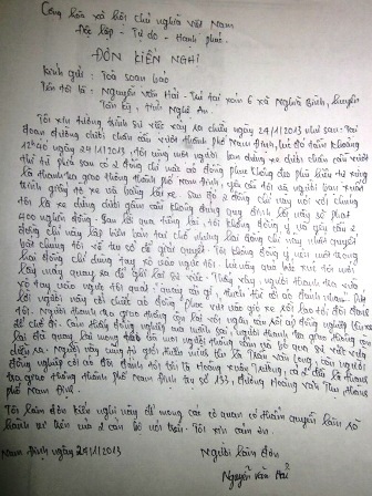 Đơn phản ánh của anh Nguyễn Văn Hải.