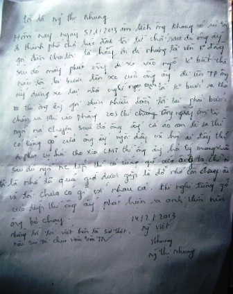  Giấy viết tay xác nhận của bà Nguyễn Thị Nhung vào ngày 14/2 về sự việc nêu trên.