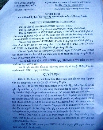Quyết định thi hành kỷ luật công chức chuyên môn xã Hoằng Xuyên.