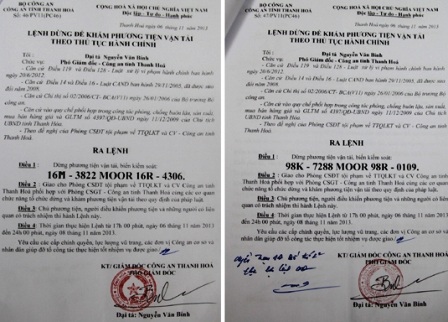 Lệnh dừng phương tiện của Công an Thanh Hóa.