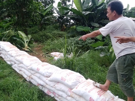 Hàng trăm người dựng lều bao vây trang trại lợn - 3 Mới đây, đơn vị này đã dùng bao tải đắp sơ sài để ngăn không cho nước thải chảy ra nhiều nơi khác.