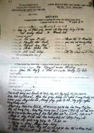 Biên bản xử phạt vi phạm hành chính lần 2 đối với Cty Tự Lực
