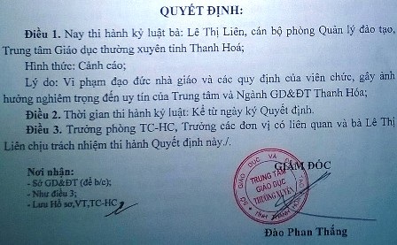 Quyết định Cảnh cáo bà Lê Thị Liên.